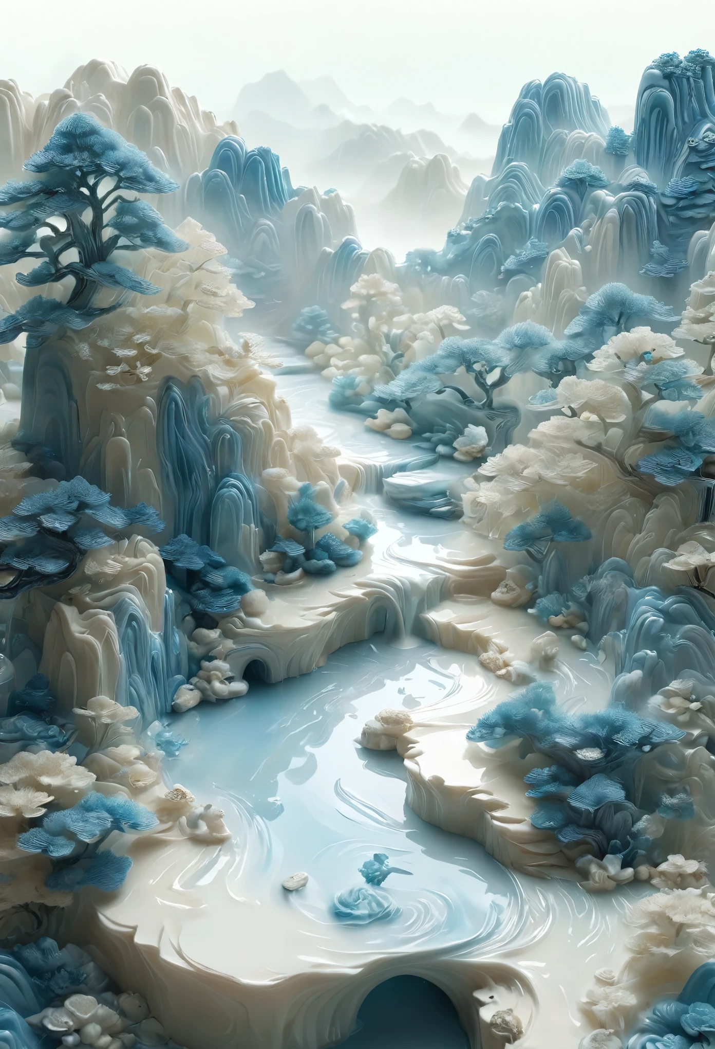 /I Carton, Miniature Landscape, Milk white transparent water, Brand design, Artistic decoration, Chinese Landscape Resin Work Table, Chinese Song Dynasty Landscape Painting, Light beige and light blue color scheme, Surrealistic dreamy style, Organic Cream Fluid, Light-tracked ambient occlusion, Hazy, Natural, Hyper-real, Ultra-realistic, 3D rendering, OC renderer, 8k, HD --s 250
