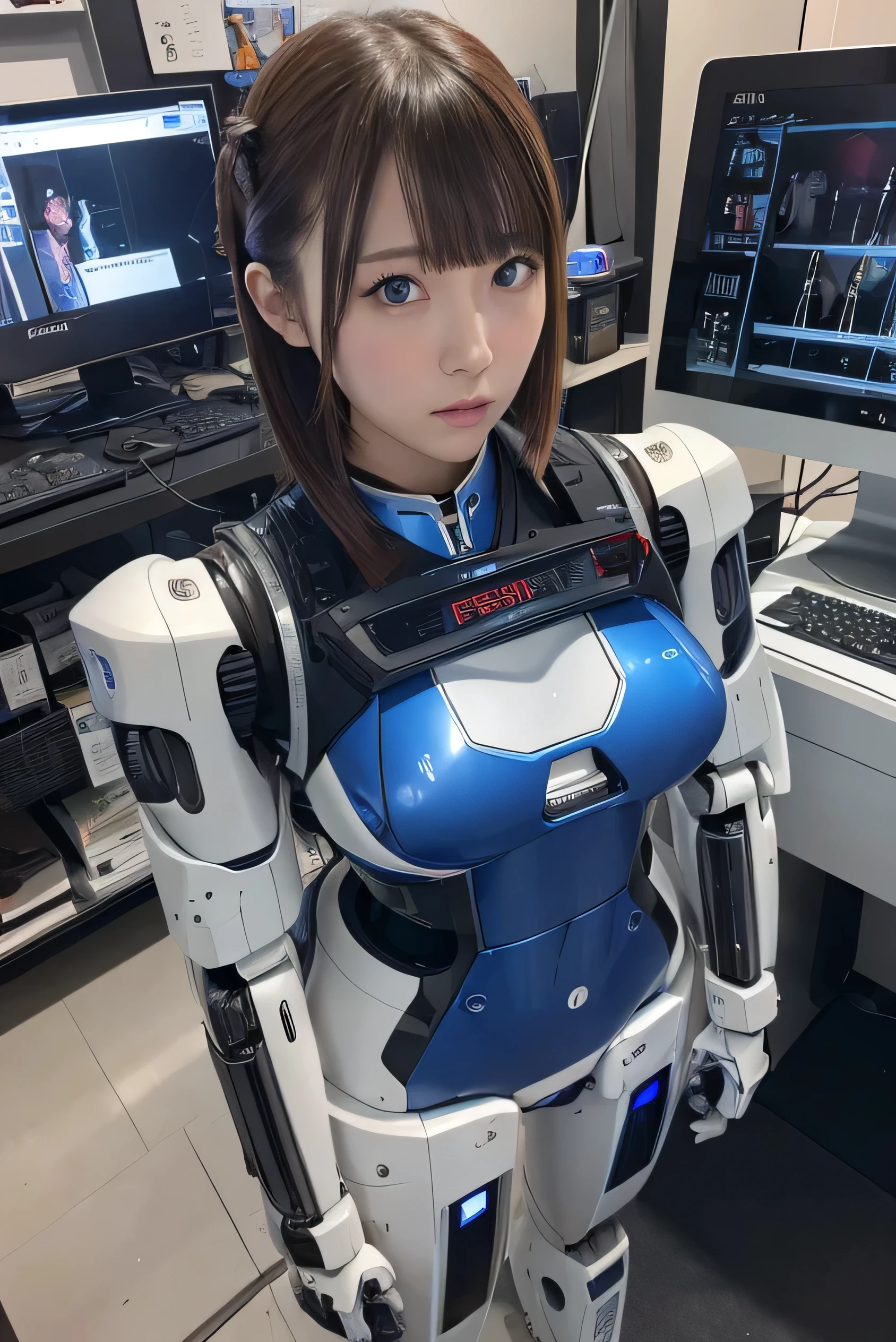 masterpiece, best quality, extremely detailed, Japaese android girl,Plump ,control panels,android,Droid,Mechanical Hand, Robot arms and legs,Blunt bangs,perfect robot girl,long tube,thick cable connected her neck,android,robot,humanoid,cyborg,japanese cyborg girl ,robot-assembly plant,She has assembled now,assembly scene,chest monitor,blue eyes