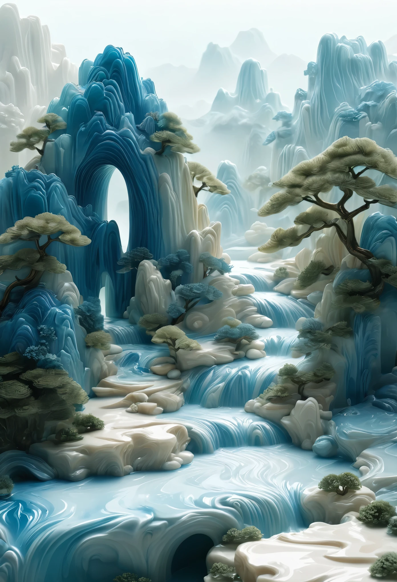 /I Carton, Miniature Landscape, Milk white transparent water, Brand design, Artistic decoration, Chinese Landscape Resin Work Table, Chinese Song Dynasty Landscape Painting, Light beige and light blue color scheme, Surrealistic dreamy style, Organic Cream Fluid, Light-tracked ambient occlusion, Hazy, Natural, Hyper-real, Ultra-realistic, 3D rendering, OC renderer, 8k, HD --s 250
