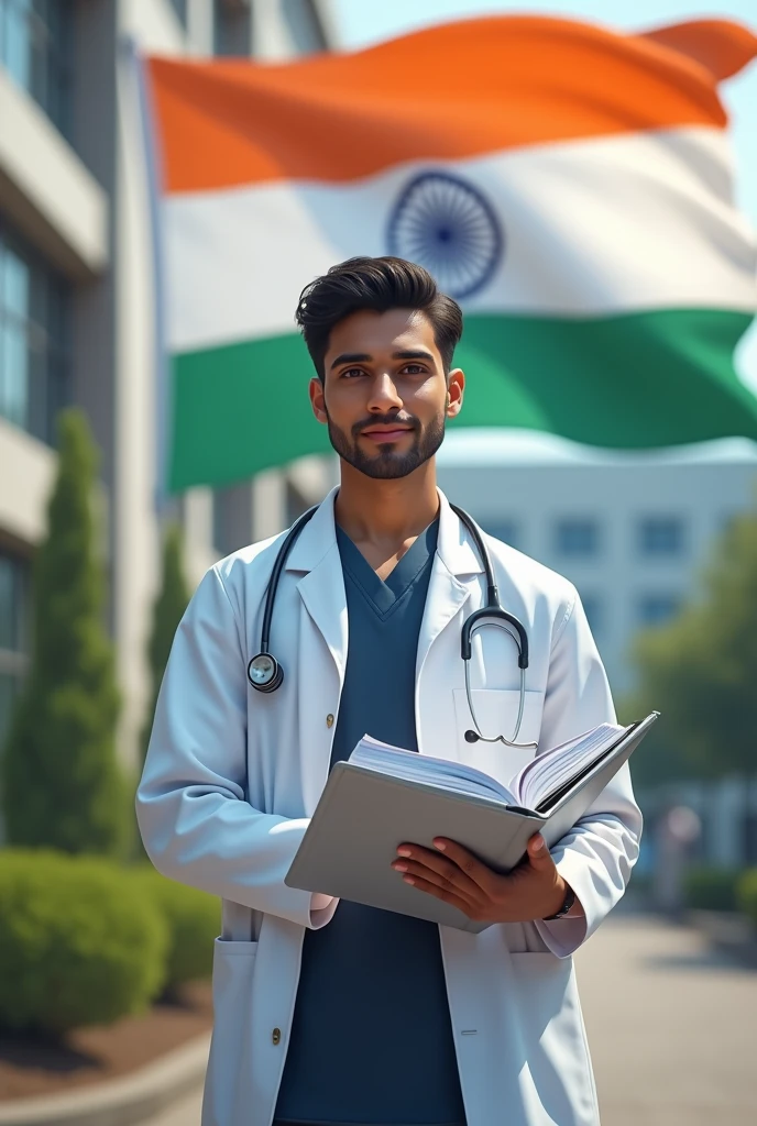 "Create an image of a young male medical student with medium brown skin and black hair, wearing a white lab coat with a stethoscope around his neck. He is standing confidently in front of a large Indian flag that waves gently in the background. The student is holding a medical textbook in one hand and has a determined expression, symbolizing his dedication to the medical profession. The setting is a modern, well-lit university campus, with a slight focus on the Indian flag to represent his patriotism and pride in his heritage."