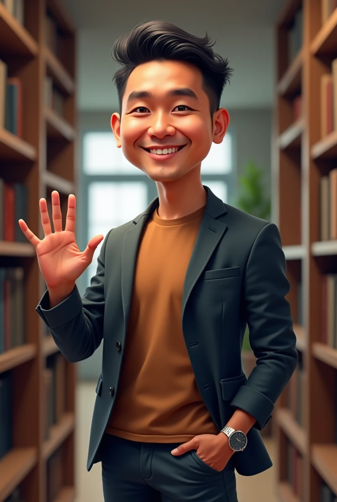 caricature 4D realistic, 33 year old Indonesian man, clean face, neat hair, not thin, not smiling, head straight, wear a watch on the left hand, wearing a brown t-shirt and blazer, right hand waving, left hand in trouser pocket, standing in the library room where there are bookshelves, high resolution