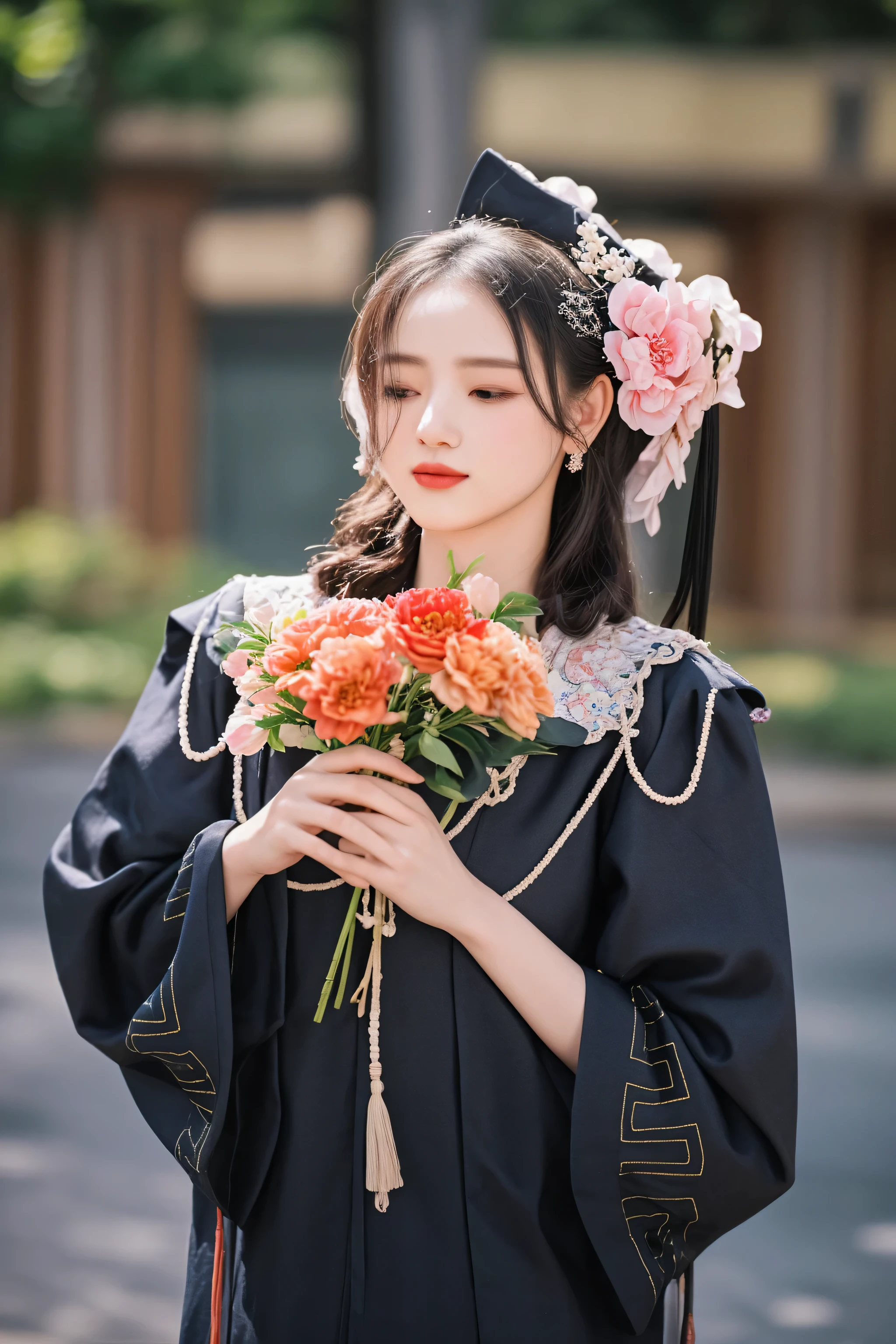 there is a woman in a graduation gown holding a bouquet of flowers, palace ， a girl in hanfu, hanfu, 中 元 节, white hanfu, traditional beauty, wearing ancient chinese clothes, with acient chinese clothes, portrait shot, wearing a noblewoman's outfit, chinese costume, with flowers, wearing dramatic aristocrat robe