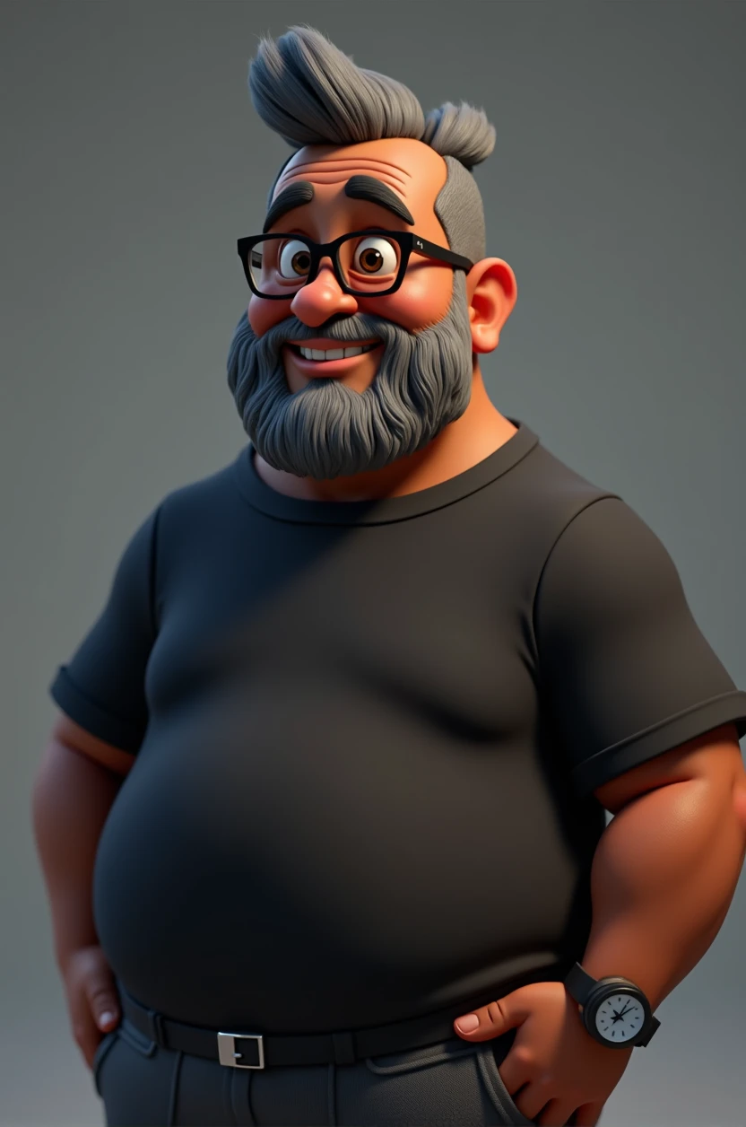 Cartoon character of a middle-aged black man with short hair pinned behind, wearing black glasses. Stylized character, animation style rendering, 3D stylized, Arnold Maya render, 3D stylized render, toon render Keyshot, 3D character, 3D stylized rendering, cartoon character, character close-up, character pose, Pixar style, high quality, cinematic lighting, sharp focus, detailed texture, detailed skin, clay, bokeh, 8K. The man should have the following characteristics: Middle-aged man with a large, slightly overweight build, hands casually relaxed. His skin tone is dark brown with a warm undertone. He has two prominent vertical wrinkles between his eyebrows. His beard has white hairs on the chin while the rest of the beard is black and gray. His hair is shaved on the sides and short on top, styled to the side. He wears modern black glasses. His eyebrows are thick and well-defined, and his eyes are brown, conveying warmth and friendliness. The man is dressed in an oversized black t-shirt and dark gray pants without a belt. Incorporate the following ancestry characteristics: 43% European (17% Iberian and 17% Western European, including Germany, France, and the Netherlands), 4% Sephardic Jewish, 3% Fennoscandian, less than 2% Balkan and Lapland and Volga-Ural, 41% from the Americas, 9% from the Middle East and Maghreb, and 7% from Africa.
Seed
2701275594