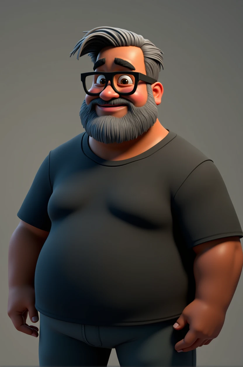Cartoon character of a middle-aged black man with short hair pinned behind, wearing black glasses. Stylized character, animation style rendering, 3D stylized, Arnold Maya render, 3D stylized render, toon render Keyshot, 3D character, 3D stylized rendering, cartoon character, character close-up, character pose, Pixar style, high quality, cinematic lighting, sharp focus, detailed texture, detailed skin, clay, bokeh, 8K. The man should have the following characteristics: Middle-aged man with a large, slightly overweight build, hands casually relaxed. His skin tone is dark brown with a warm undertone. He has two prominent vertical wrinkles between his eyebrows. His beard has white hairs on the chin while the rest of the beard is black and gray. His hair is shaved on the sides and short on top, styled to the side. He wears modern black glasses. His eyebrows are thick and well-defined, and his eyes are brown, conveying warmth and friendliness. The man is dressed in an oversized black t-shirt and dark gray pants without a belt. Incorporate the following ancestry characteristics: 43% European (17% Iberian and 17% Western European, including Germany, France, and the Netherlands), 4% Sephardic Jewish, 3% Fennoscandian, less than 2% Balkan and Lapland and Volga-Ural, 41% from the Americas, 9% from the Middle East and Maghreb, and 7% from Africa.
Seed
2701275594