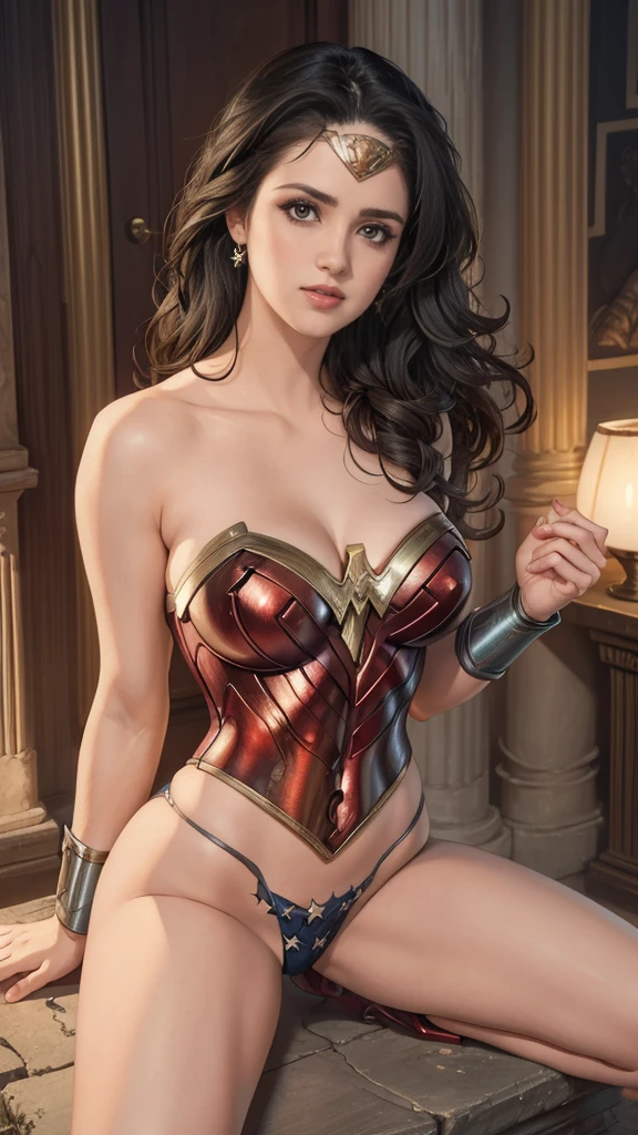 Art image of (Laura Marano:1.2) as Wonder Woman, busty, beautiful, black hair, large breasts, ancient Athens background, by Louis Royo, Boris Vallejo, Frank Frazetta, extreme focus, sharp details, sexy, oily skin, sexy, naughty, cleavage, crawling