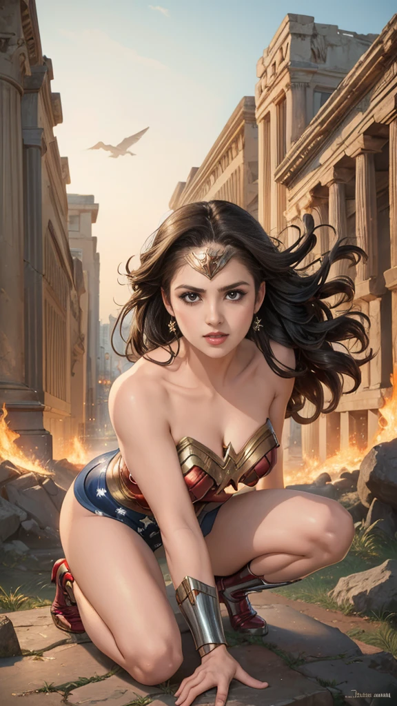 Art image of (Laura Marano:1.2) as Wonder Woman, busty, beautiful, black hair, large breasts, ancient Athens background, by Louis Royo, Boris Vallejo, Frank Frazetta, extreme focus, sharp details, sexy,  oily skin, sexy, naughty, cleavage, crawling