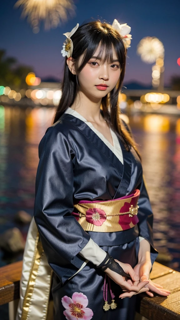 Masterpiece, best quality, ultra high resolution, hyper realistic, realistic, (photorealistic:1.4), masterpiece of analog film photograph a girl, long black hair, blunt bangs, taken by Hideaki Hamada using Pentax 67II and Kodak Portra, standing by a riverside at night, watching fireworks, She is dressed in a traditional, elegant yukata with a floral pattern and an obi sash, The background shows colorful fireworks lighting up the night sky, reflections on the water, and people in the background enjoying the festival, High-resolution, realistic depiction, with a touch of elegance and allure, pov, selfie