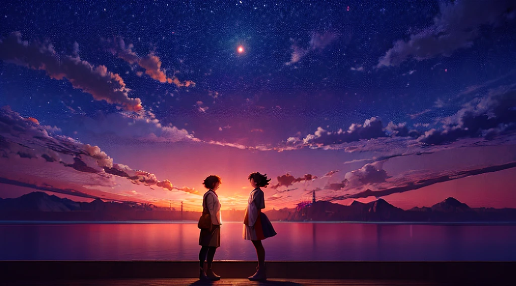 Epic anime-style battle scene in 4K quality, inspired by Makoto Shinkai's cinematic style, capturing an intense face-off between characters in a vibrant landscape. The background features a sunset over a serene lake, with mountains silhouetted against a sky of warm oranges and pinks. Characters are engaged in dynamic combat, but the overall atmosphere retains a calm, reflective vibe, with soft, warm lighting and twinkling stars in the sky, blending the intensity of the battle with the tranquility of a Lo-Fi aesthetic