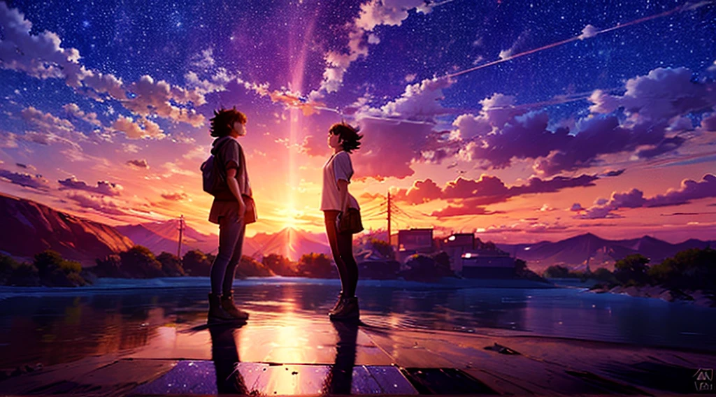 Epic anime-style battle scene in 4K quality, inspired by Makoto Shinkai's cinematic style, capturing an intense face-off between characters in a vibrant landscape. The background features a sunset over a serene lake, with mountains silhouetted against a sky of warm oranges and pinks. Characters are engaged in dynamic combat, but the overall atmosphere retains a calm, reflective vibe, with soft, warm lighting and twinkling stars in the sky, blending the intensity of the battle with the tranquility of a Lo-Fi aesthetic