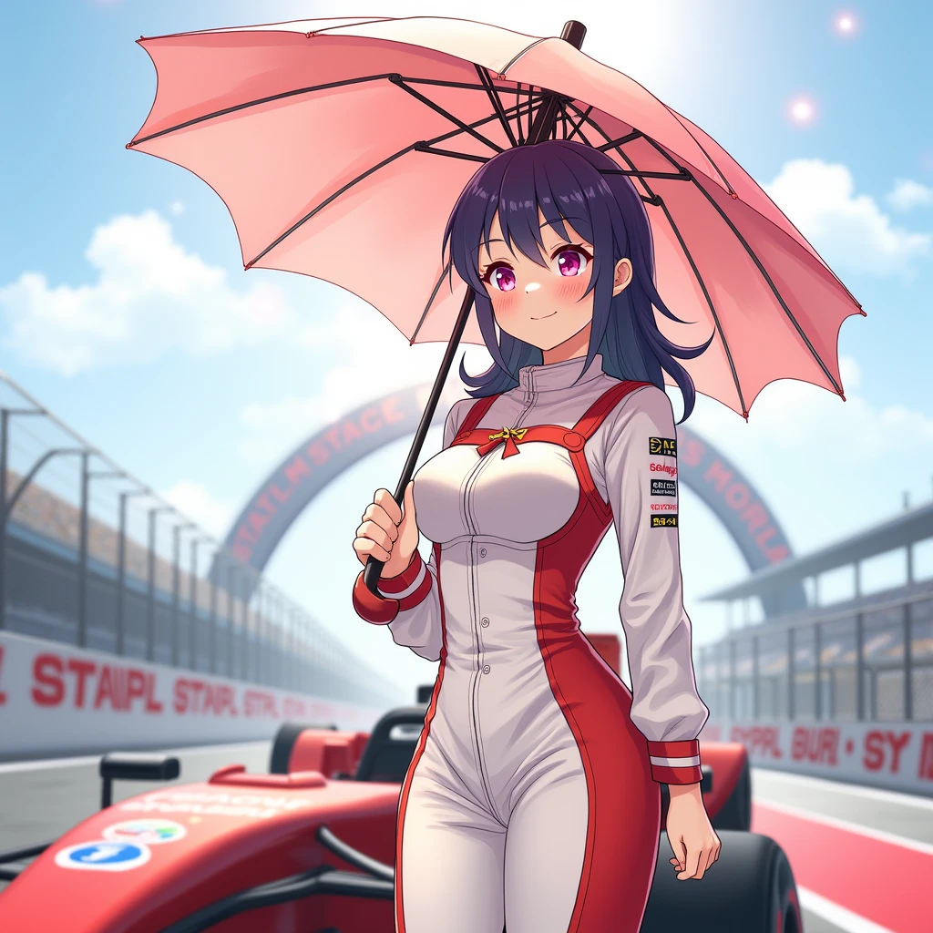 F1 Race Circuit。One young Japanese race queen。Standing with a parasol in front of a race car。The costume you're wearing、separate。I have a bangle on my arm。Background、Sparkling in the summer sun。Anime Style。