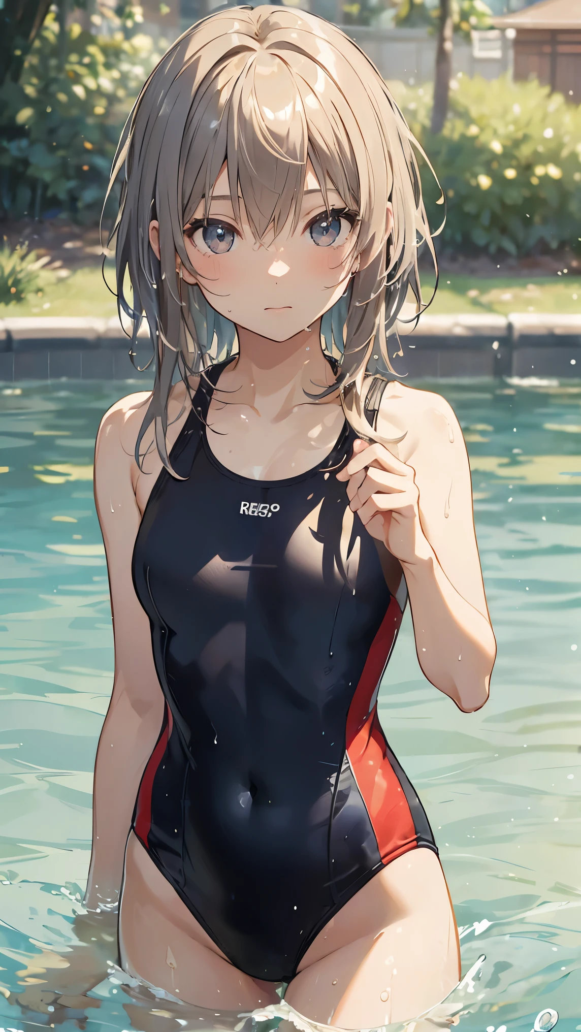 streaked hair, ahoge, wet hair, Impressionism, ray tracing, backlighting, masterpiece, accurate, textured skin, high details, high quality, highres, super detail, 1080P, detailed face, detailed eyes, detailed 5 fingers, Woman swimming in pool, one-piece swimsuit, Splashing water, outdoors, sunny midsummer, cowboy shot