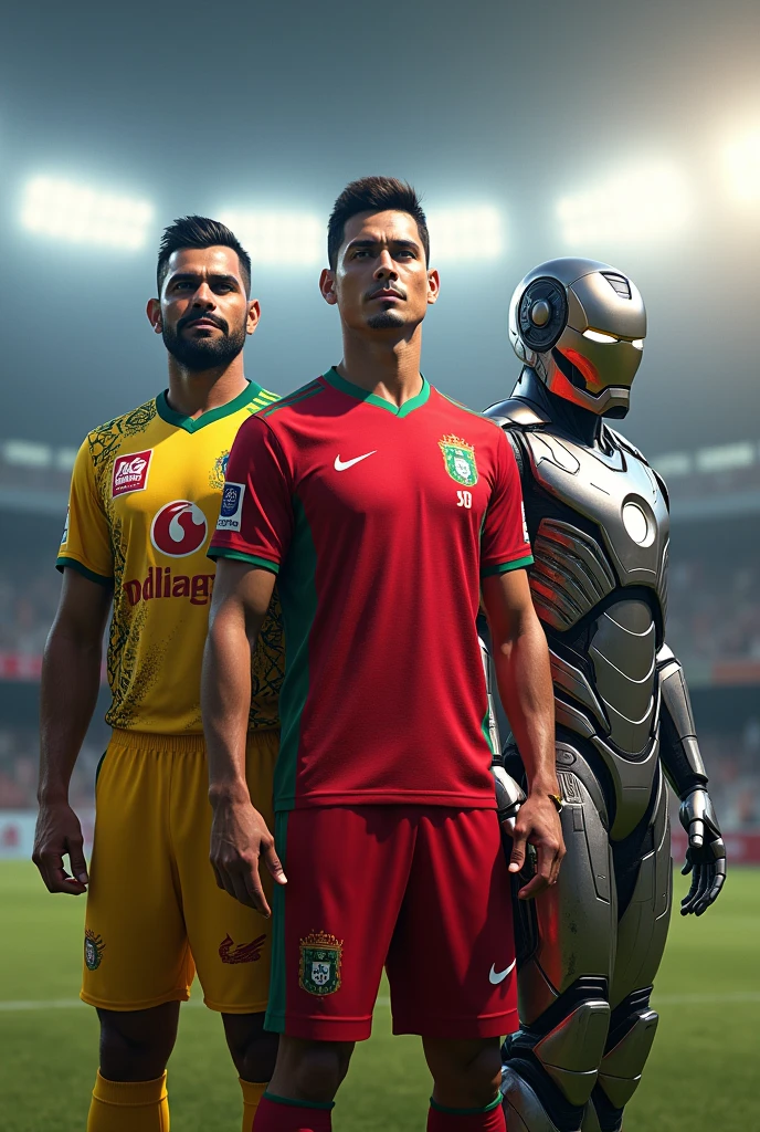 Create a image with ms dhoni in csk jersey, c.ronaldo in Portugal jersey and iron man in mark 80. everythin realistic