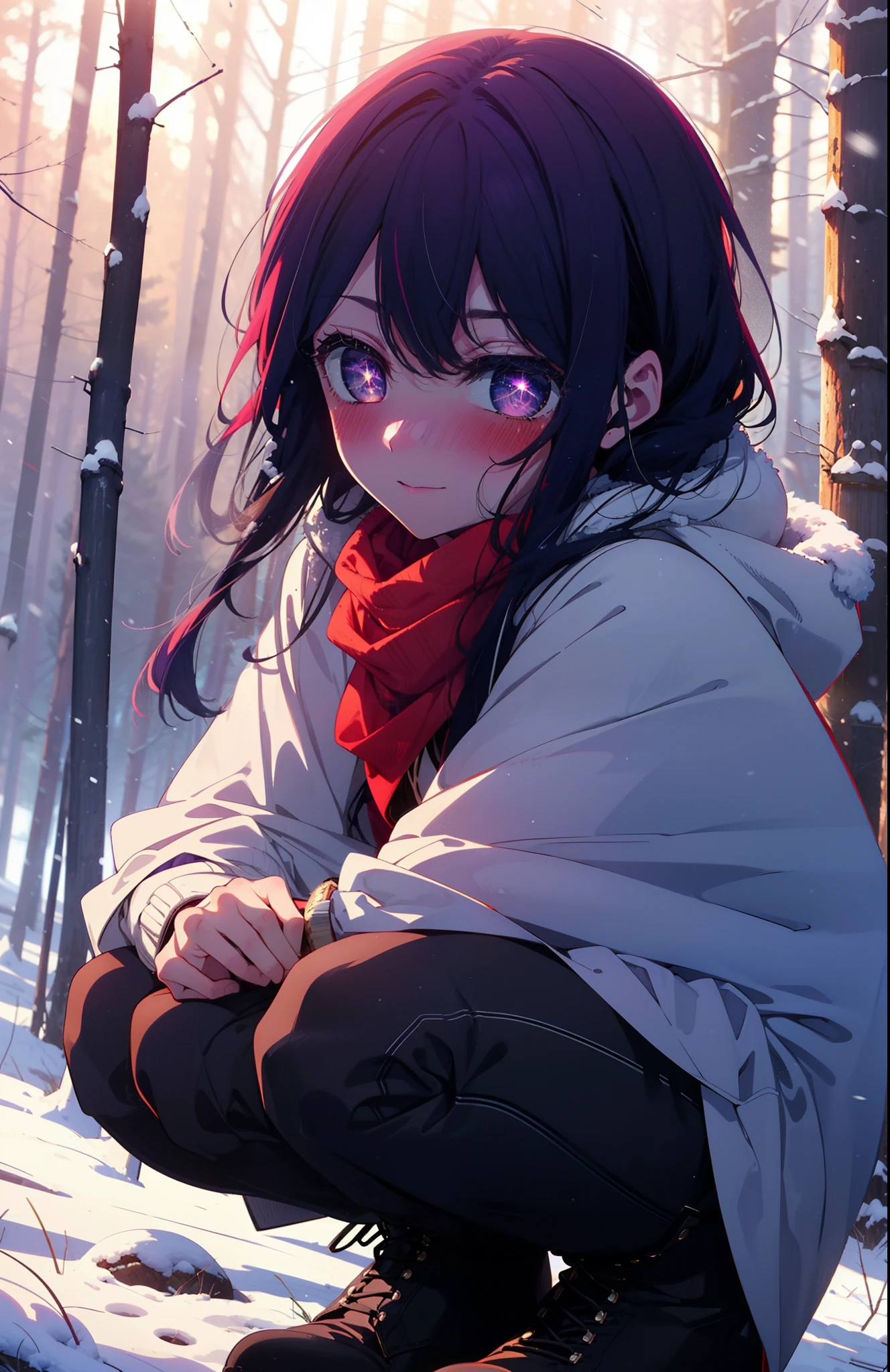 aihoshino, Ai Hoshino, Long Hair, bangs, (Purple eyes:1.1), Purple Hair, (Symbol-shaped pupil:1.5), smile,,smile,blush,white breath,
Open your mouth,snow,Ground bonfire, Outdoor, boots, snowing, From the side, wood, suitcase, Cape, Blurred, , forest, White handbag, nature, Squat, Mouth closed, Cape, winter, Written boundary depth, Black shoes, red Cape break looking at viewer, Upper Body, whole body, break Outdoor, forest, nature, break (masterpiece:1.2), Highest quality, High resolution, unity 8k wallpaper, (shape:0.8), (Beautiful and beautiful eyes:1.6), Highly detailed face, Perfect lighting, Extremely detailed CG, (Perfect hands, Perfect Anatomy),