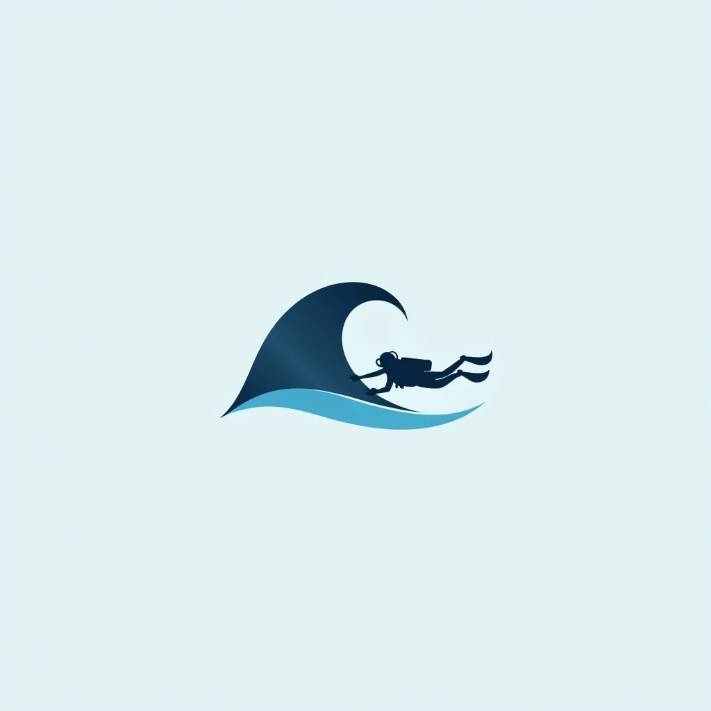 Logo in a minimalist style, diving center and scuba diving. Sea adventure and water world. Company name "AquaWave Diving"