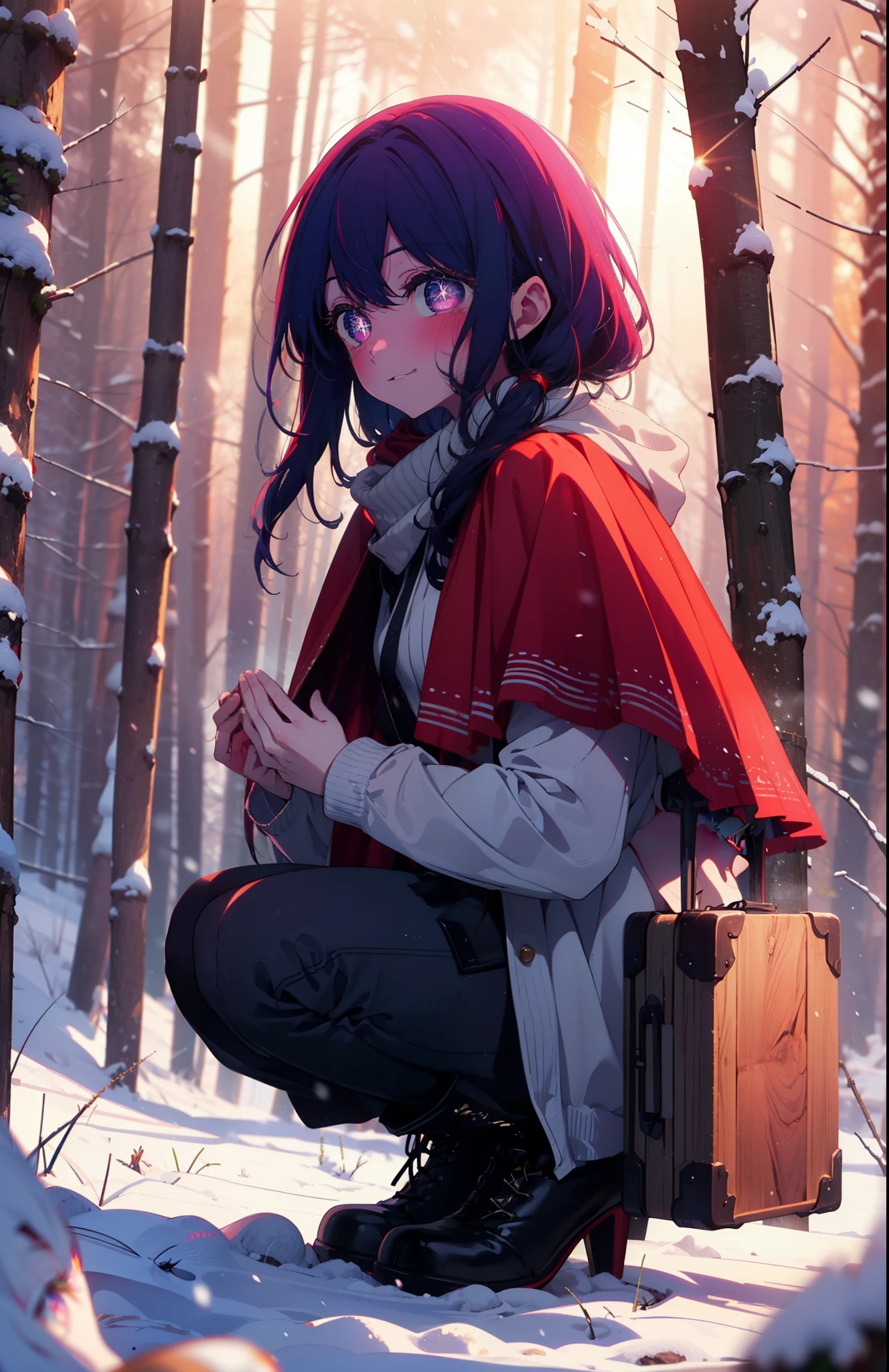 aihoshino, Ai Hoshino, Long Hair, bangs, (Purple eyes:1.1), Purple Hair, (Symbol-shaped pupil:1.5), smile,,smile,blush,white breath,
Open your mouth,snow,Ground bonfire, Outdoor, boots, snowing, From the side, wood, suitcase, Cape, Blurred, , forest, White handbag, nature, Squat, Mouth closed, Cape, winter, Written boundary depth, Black shoes, red Cape break looking at viewer, Upper Body, whole body, break Outdoor, forest, nature, break (masterpiece:1.2), Highest quality, High resolution, unity 8k wallpaper, (shape:0.8), (Beautiful and beautiful eyes:1.6), Highly detailed face, Perfect lighting, Extremely detailed CG, (Perfect hands, Perfect Anatomy),