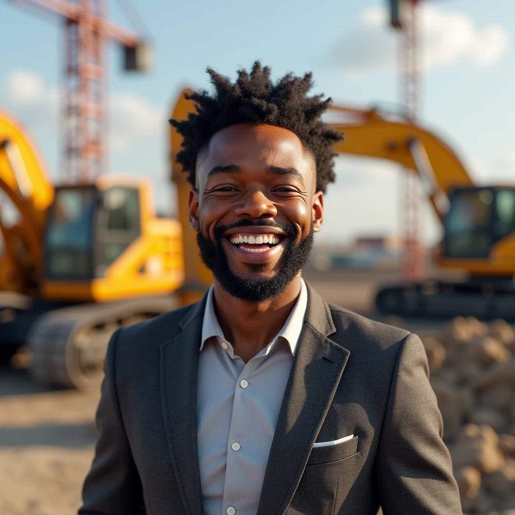 Hyper realistic Image of an African-American male outdoors office worker, smiling and excited about Friday, construction background with heavy duty vehicles 