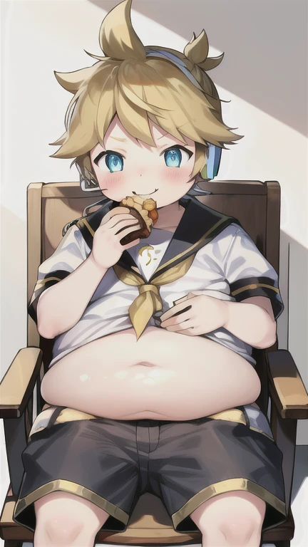 10 year old boy, cute Kagamine Len, (chubby), (plump), severely overweight, ((over small sailor uniform)), chubby body, whole belly spilling over the waistband, unbuttoned shorts, earphones, tie, parted lips, (full blushed), sitting on a chair, food on face, eating a lot of junk food, smirk