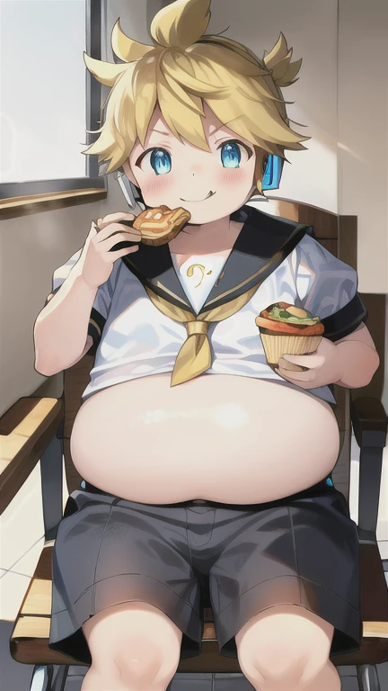  boy, cute Kagamine Len, (chubby), (plump), severely overweight, ((over small sailor uniform)), chubby body, whole belly spilling over the waistband, unbuttoned shorts, earphones, tie, parted lips, (full blushed), sitting on a chair, food on face, eating a lot of junk food, smirk