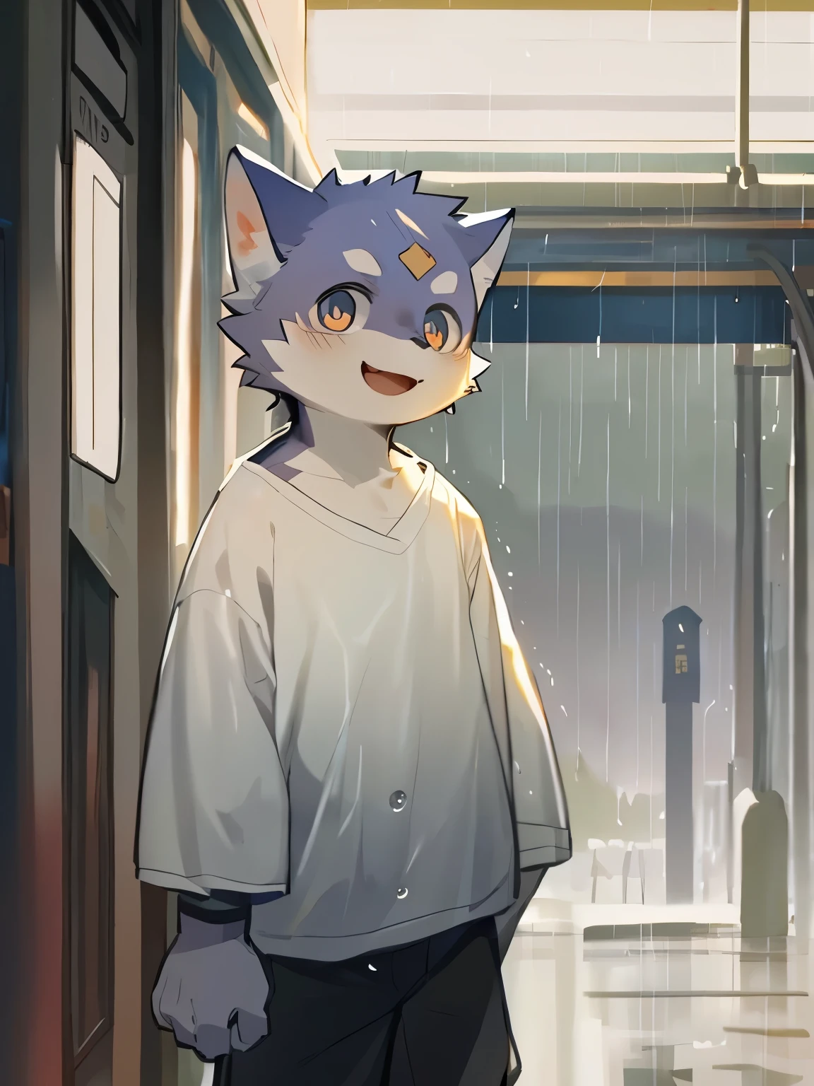 masterpiece, best quality, perfect anatomy, bright eyes, watery eyes, by milkytiger1145, by k0bit0wani, furry, Wolf, (trigger:0.25), male, 独奏, baggy clothing, (open smile:1.1), gentle, looking at viewer, train station, rain, (waterdrop:0.9), grey sky, raining, (fog:0.4),by Pino Daeni, canyne khai, milkytiger1145, dagasi, yupa,boy