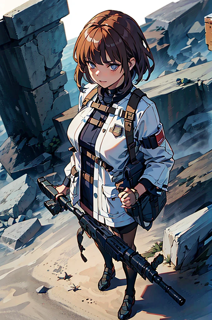 holding_gun, assault_rifle, Very detailed, Brown Hair, Anime Style, whole body, alone, Stylish Gunfighter Girl, Holding a steampunk long barrel pistol,Standing in the wasteland, 8K high resolution, White Background, In the spotlight, The background is a dark and desolate landscape, Horror movie atmosphere. Her figure is very beautiful, Emphasizing the dark and crazy elements. Skillfully expressing the effects of light and shadow