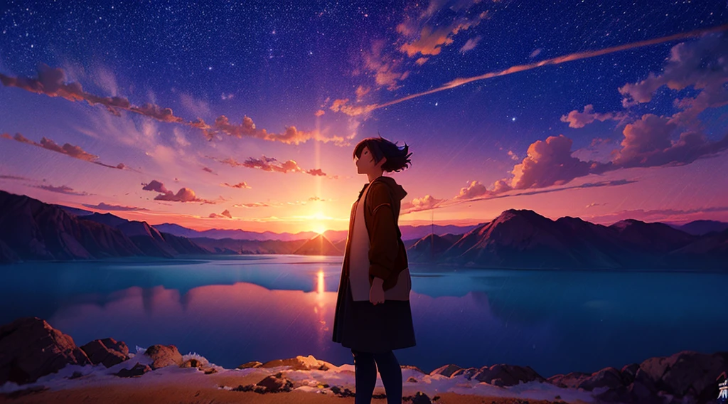 Epic anime-style battle scene in 4K quality, inspired by Makoto Shinkai's cinematic style, capturing an intense face-off ween characters in a vibrant landscape. The background features a sunset over a serene lake, with mountains silhouetted against a sky of warm oranges and pinks. Characters are engaged in dynamic combat, but the overall atmosphere retains a calm, reflective vibe, with soft, warm lighting and twinkling stars in the sky, blending the intensity of the battle with the tranquility of a LoFi aesthetic