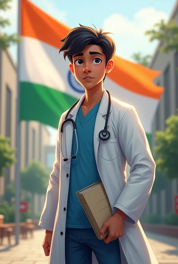"Create an image of a young boy medical student with medium brown skin and black hair, wearing a white lab coat with a stethoscope around his neck. He is standing confidently in front of a large Indian flag that waves gently in the background. The student is holding a medical textbook in one hand and has a determined expression, symbolizing his dedication to the medical profession. The setting is a modern, well-lit university campus, with a slight focus on the Indian flag to represent his patriotism and pride in his heritage."