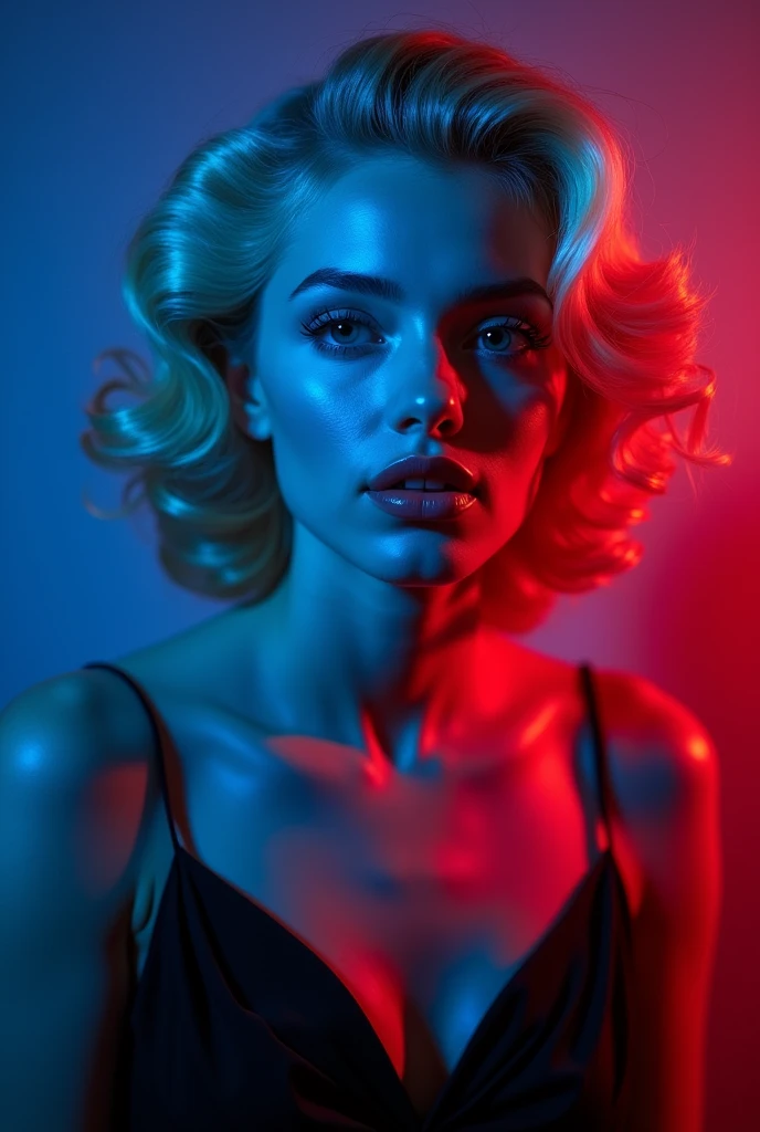A photo of a woman with Marilyn Monroe hair with blue and red studio lights