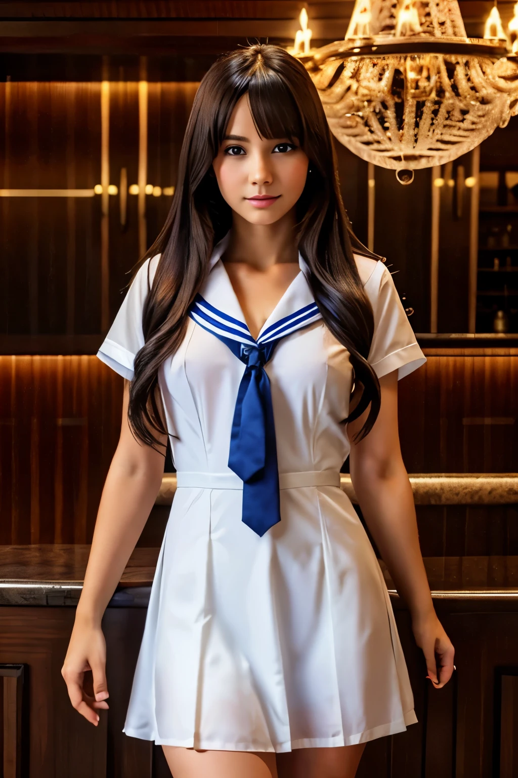 (see-through:1.3),white serafuku,sailor dress, white theme,school uniform, sailor suit, looking at viewer,  insanity, messy long hair, beautiful detailed eyes,Hair glows,dramatic angle,blue sailor collar, perky breasts,light smile,partially underwater shot..., in an upscale Gentleman's club