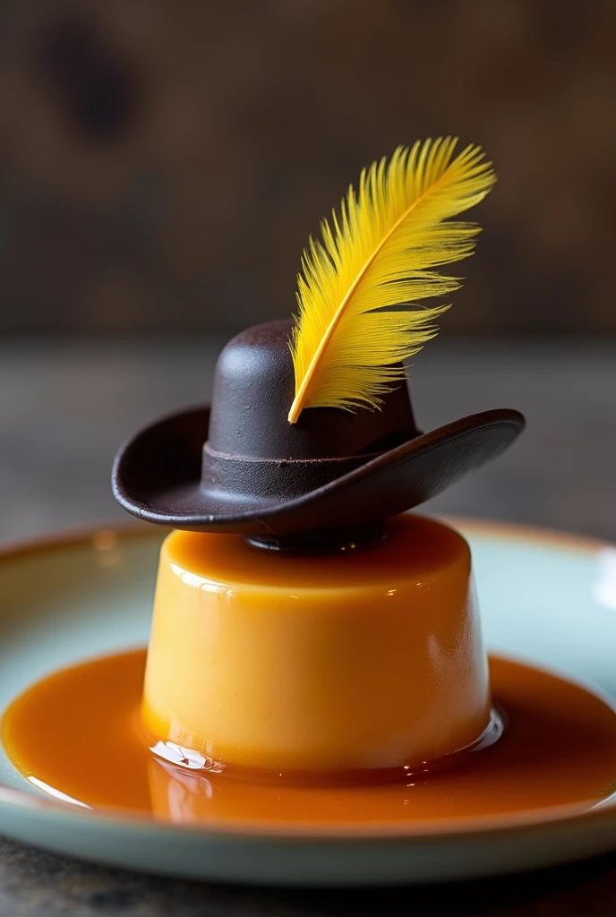 Plate containing a small caramel dessert with a black swordsman&#39;s hat with yellow feather made of chocolate.