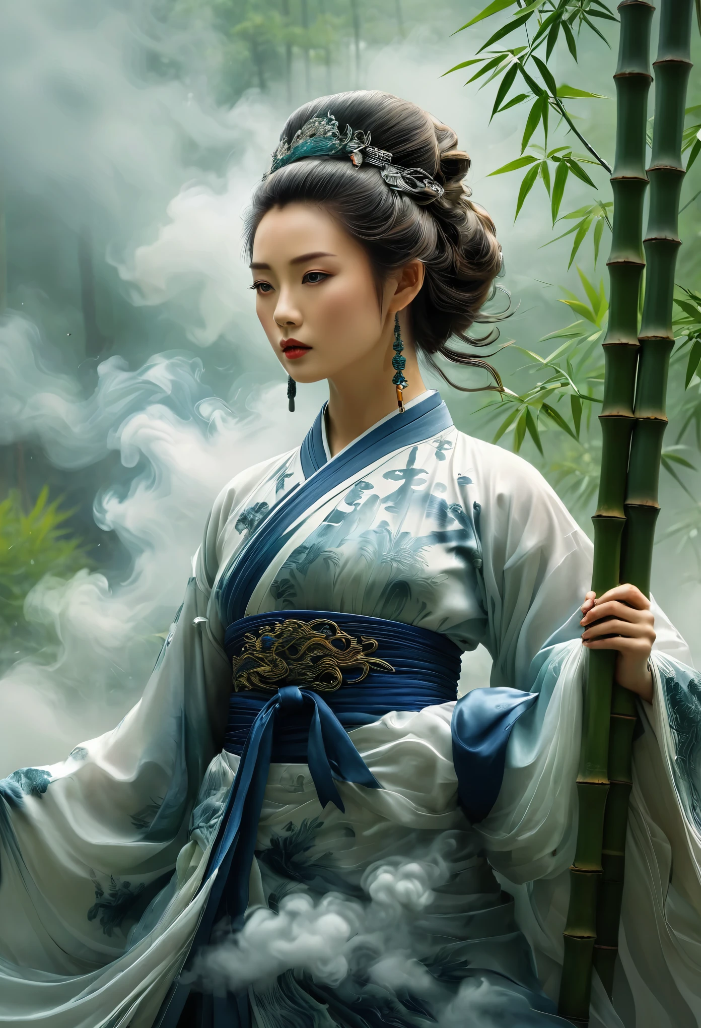 /I H entry screen, A woman in Hanfu stands among the bamboo groves, an epic fantasy scene with dark clouds in the sky and smoke effects, in the style of a Chinese ink painting depicting the martial arts world with cloud mist effects, like movie footage.--ar 2:3 --quality 2 --style raw --sref 3345888893 --personalize  --sw 700 --stylize 1000 --v 6.1

