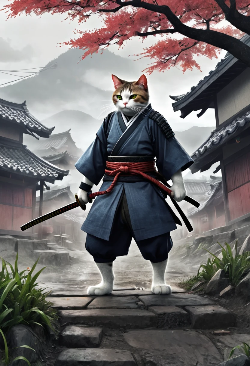 (drawing:1.3),Samurai cat, battlefield, (Animation Art), 2D, Colored, Gloomy atmosphere、The cat leaves the village