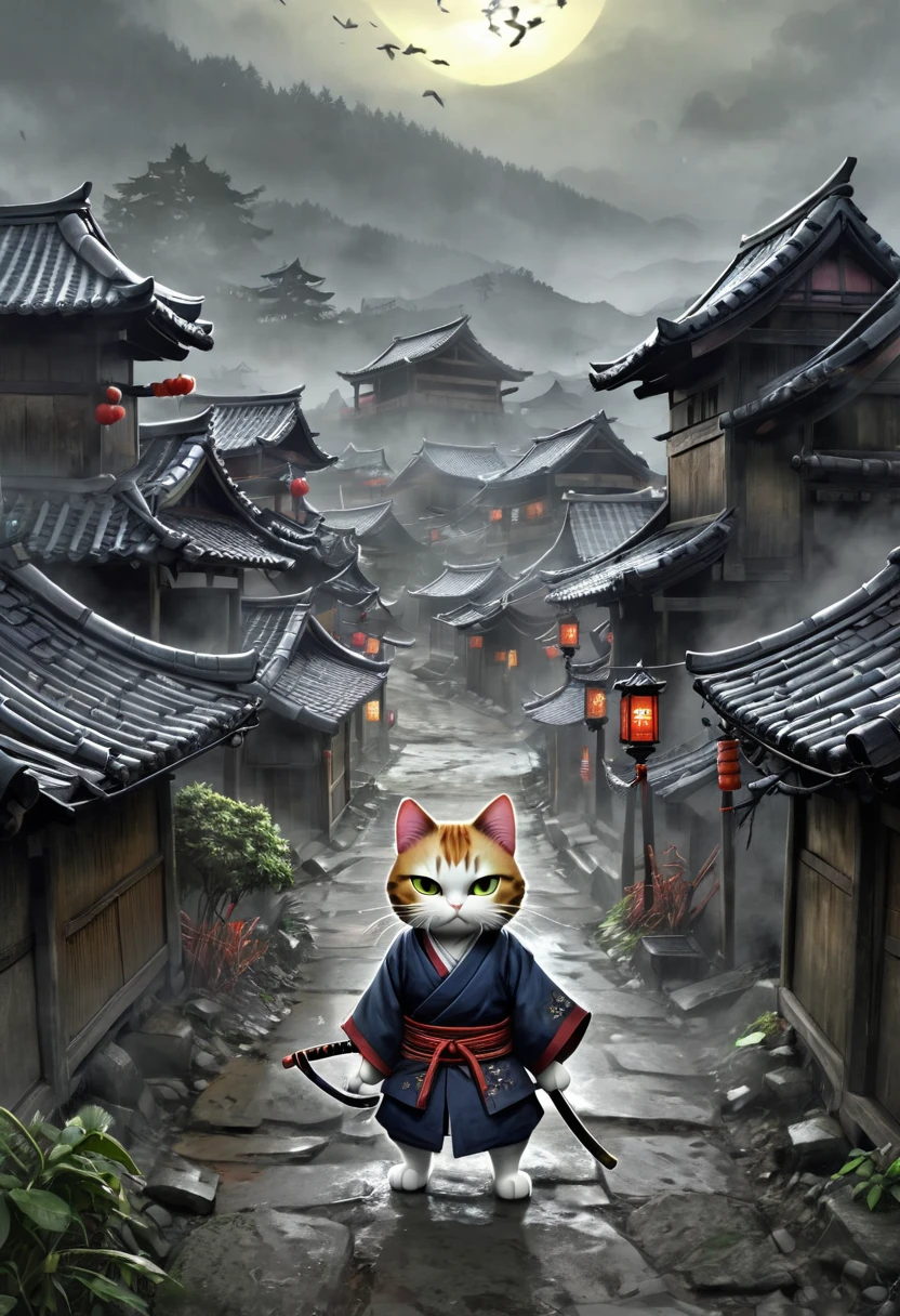 (drawing:1.3),Samurai cat, battlefield, (Animation Art), 2D, Colored, Gloomy atmosphere、The cat leaves the village