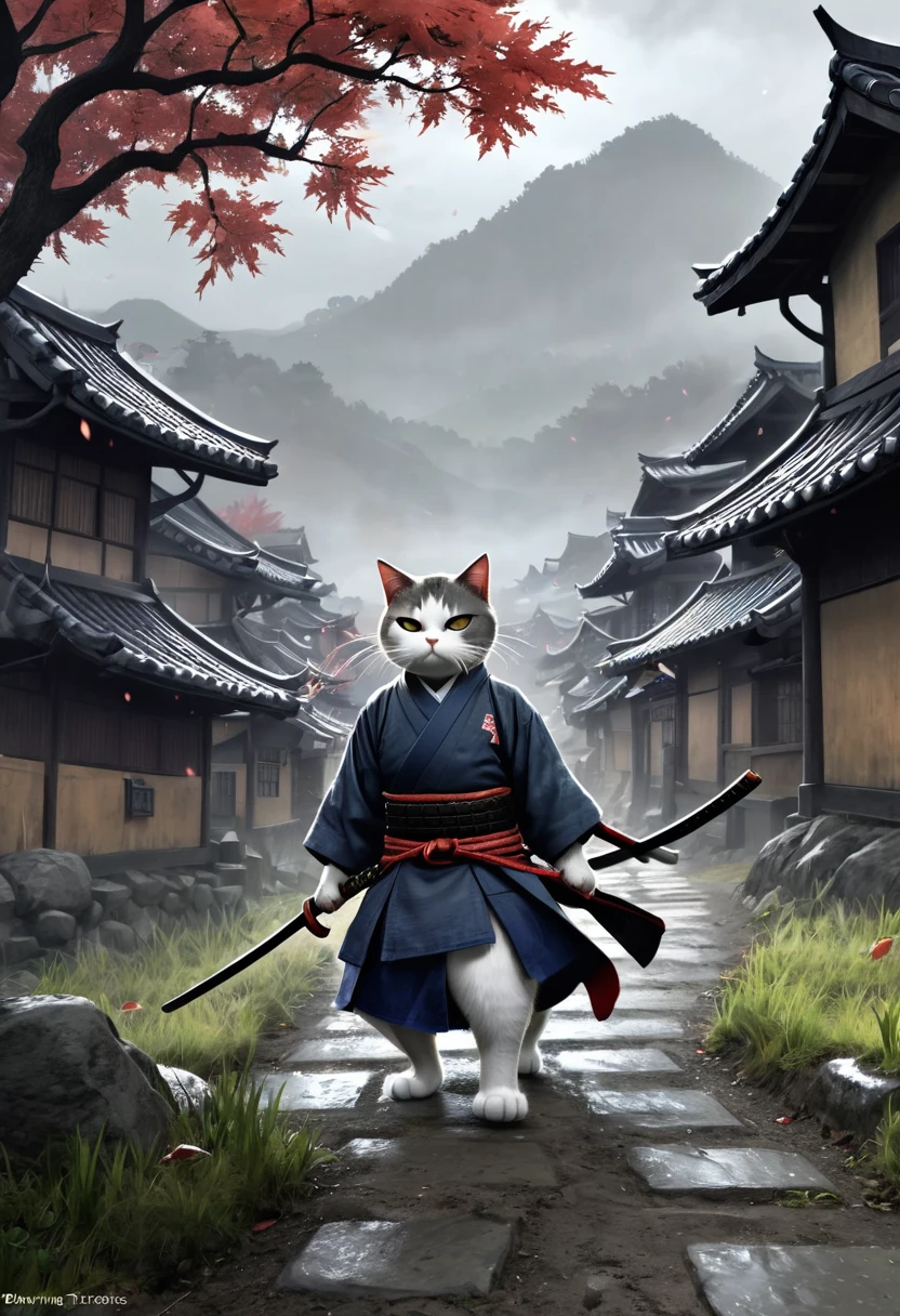 (drawing:1.3),Samurai cat, battlefield, (Animation Art), 2D, Colored, Gloomy atmosphere、The cat leaves the village