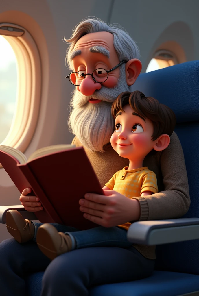 Old man character reading a book for a in the airplane seat. Pixar style. The children enjoying the book.