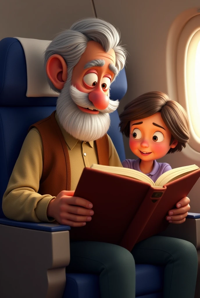 Old man character reading a book for a child in the airplane seat. Pixar style. The children enjoying the book.