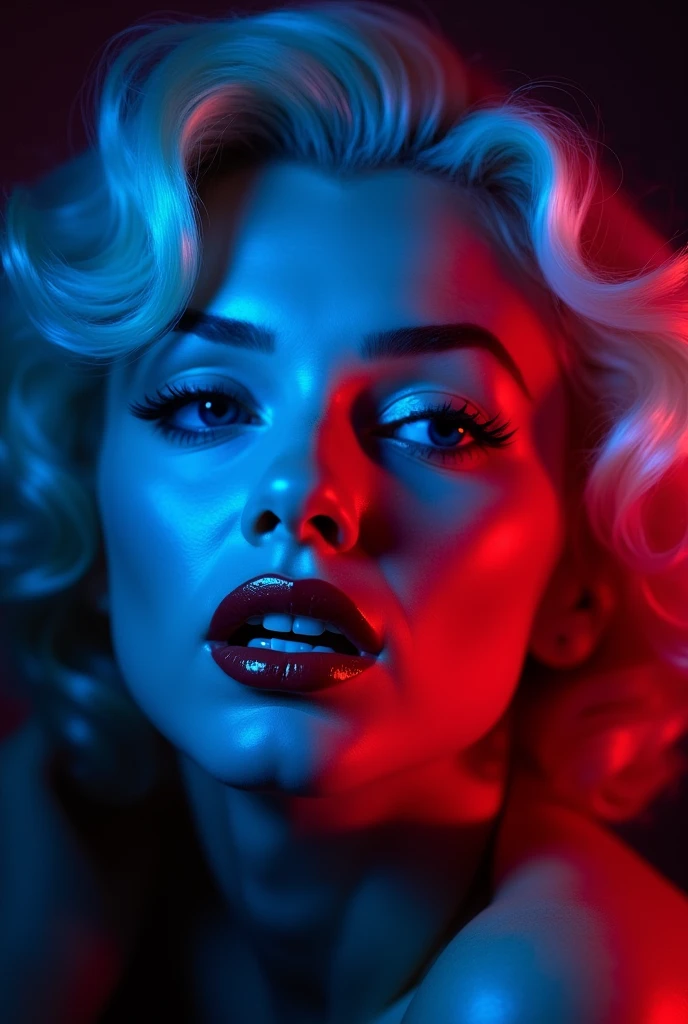 A photo of Marilyn Monroe with blue and red studio lights