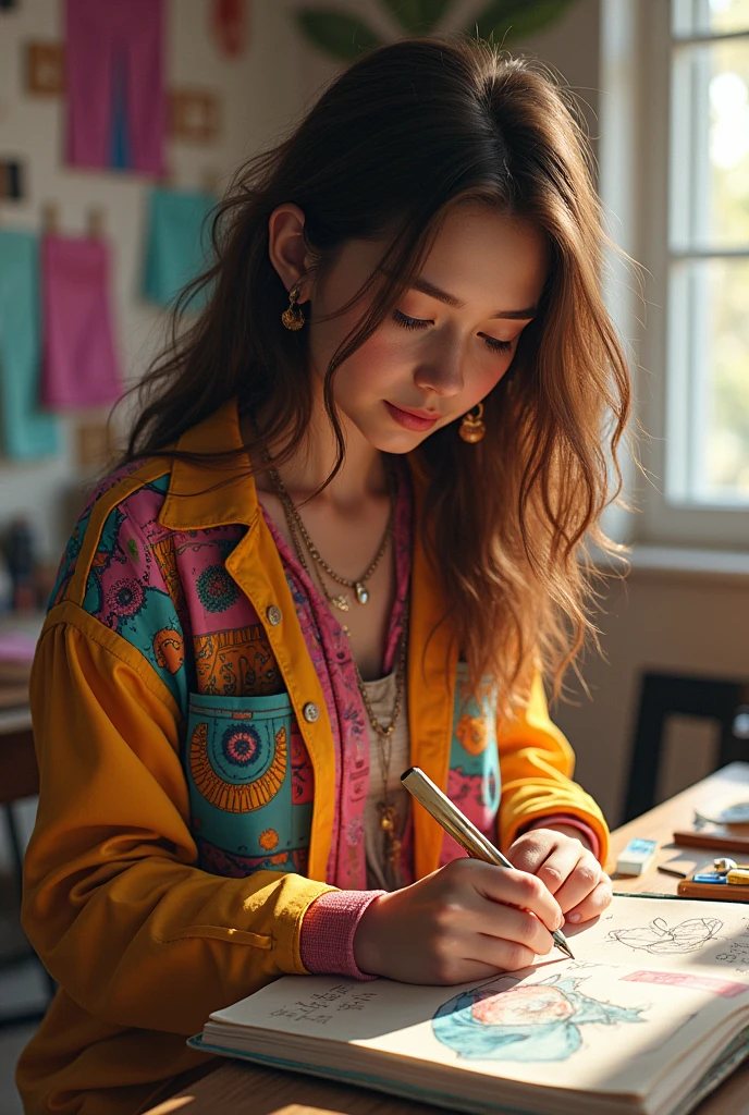 Realistic teenager designer with brown hair wearing colourful crazy outfit drawing in her sketchbook to design new crazy dresses