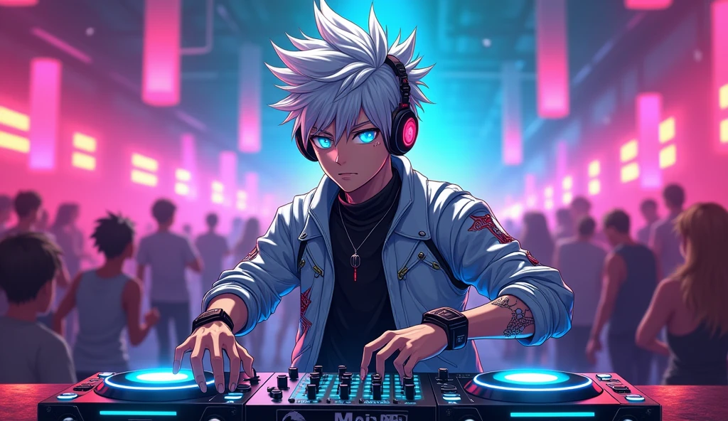 Create an anime-style character of a DJ with a futuristic and vibrant aesthetic. The DJ is a young, energetic male with spiky silver hair that reflects neon lights. He wears sleek, high-tech headphones with glowing LED patterns that change color to the beat of the music. His eyes are sharp, glowing a bright blue, indicating his connection to the music and technology around him.
He’s dressed in a stylish, form-fitting jacket with metallic accents, adorned with symbols representing music and digital waves. The jacket has a high collar, and his sleeves are rolled up, revealing cybernetic arm implants that help him control the music with precision. His pants are black, with glowing circuit-like patterns running down the sides, and he wears high-top sneakers that pulse with light.
In one hand, he holds a futuristic DJ controller that hovers in mid-air, with holographic displays showing sound waves and equalizers. The background is a high-energy nightclub with vibrant neon lights and a crowd of fans dancing to the beat. The DJ’s expression is confident, with a slight smirk, as he’s in total control of the atmosphere, manipulating the music and lights to create an unforgettable experience.
The overall scene should exude a sense of rhythm, energy, and futuristic technology, blending the worlds of music and anime in a visually striking way.