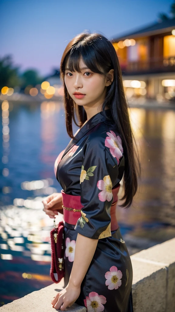 Masterpiece, best quality, ultra high resolution, hyper realistic, realistic, (photorealistic:1.4), masterpiece of analog film photograph a girl, long black hair, blunt bangs, taken by Hideaki Hamada using Pentax 67II and Kodak Portra, standing by a riverside at night, watching fireworks, She is dressed in a traditional, elegant yukata with a floral pattern and an obi sash, The background shows colorful fireworks lighting up the night sky, reflections on the water, and people in the background enjoying the festival, High-resolution, realistic depiction, with a touch of elegance and allure, pov, selfie, anatomically correct 