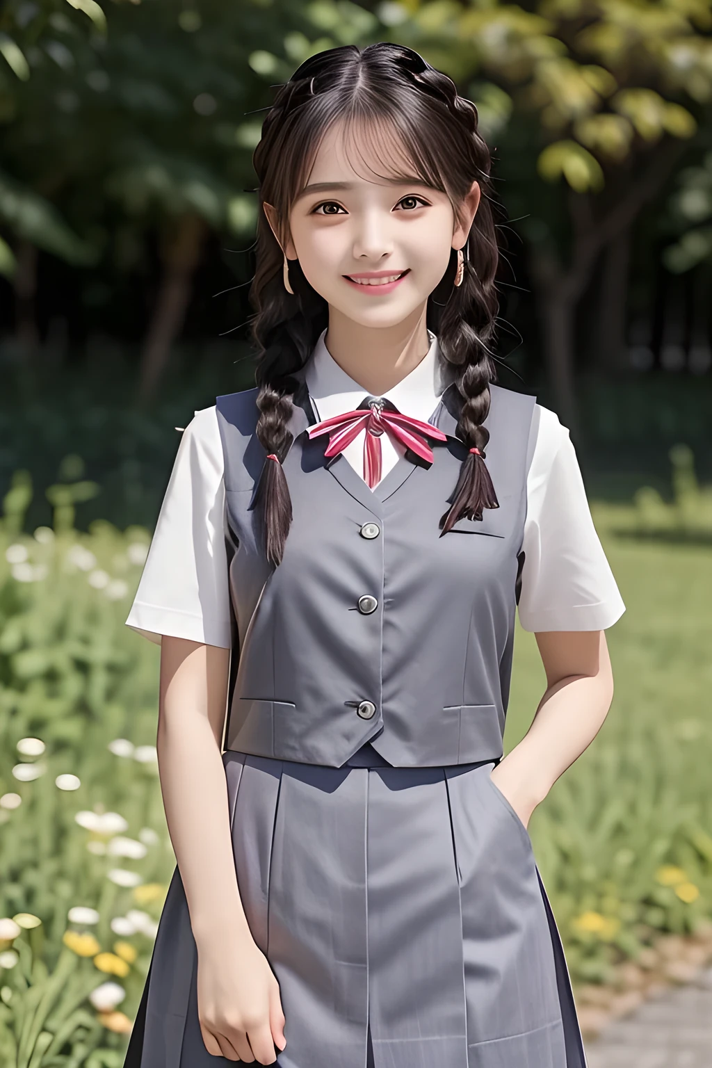 (highest quality, masterpiece, high resolution:1.2), 4K, (Photo quality detailed face: 1.2), (Giorgione painting style: 0.8), geometry, (16 yo cute girly Japanese girl: 1.0), Laughing cutely, (neat girly white short-sleeves school blouse: 1.0), (puffed short sleeves: 1.0), (Dark red glossy school ribbon on the breast: 1.0), (Gray Japanese school girly vest Uniform: 1.2), (Extremely laughing cheeks: 1.0), (Beautiful light-amber cute-dolly large clear eyes with detailed cutely: 1.4), (Long bottom eyelashes: 1.2), (Expressing the greatest joy with her whole body: 1.2), (Glossy lips: 1.0), (braids under her ears: 1.3), (cute earrings), (kidnapping me into the heaven as a goddess: 1.6), (white and clear skin: 1.0), (Laughing 14yo cute princess's eyes: 0.6), (Placing her beautiful white hands together like praying: 0.9), (Full-body shot in heaven: 1.2)