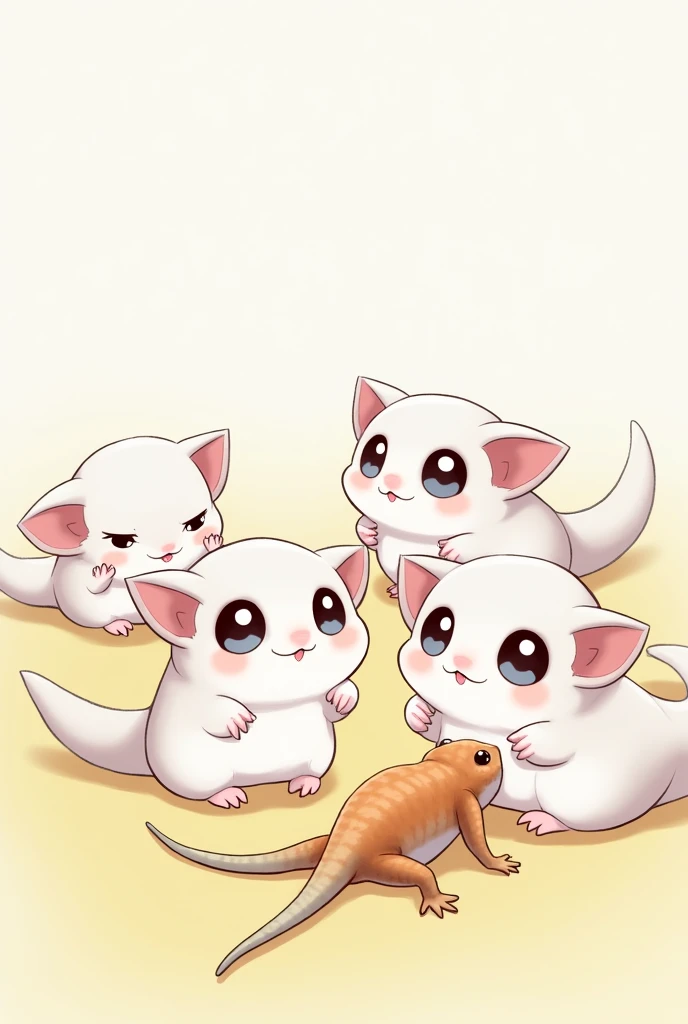 Four white face sugar gliders with two gecko, cute, anime characters, suitable for desktop background