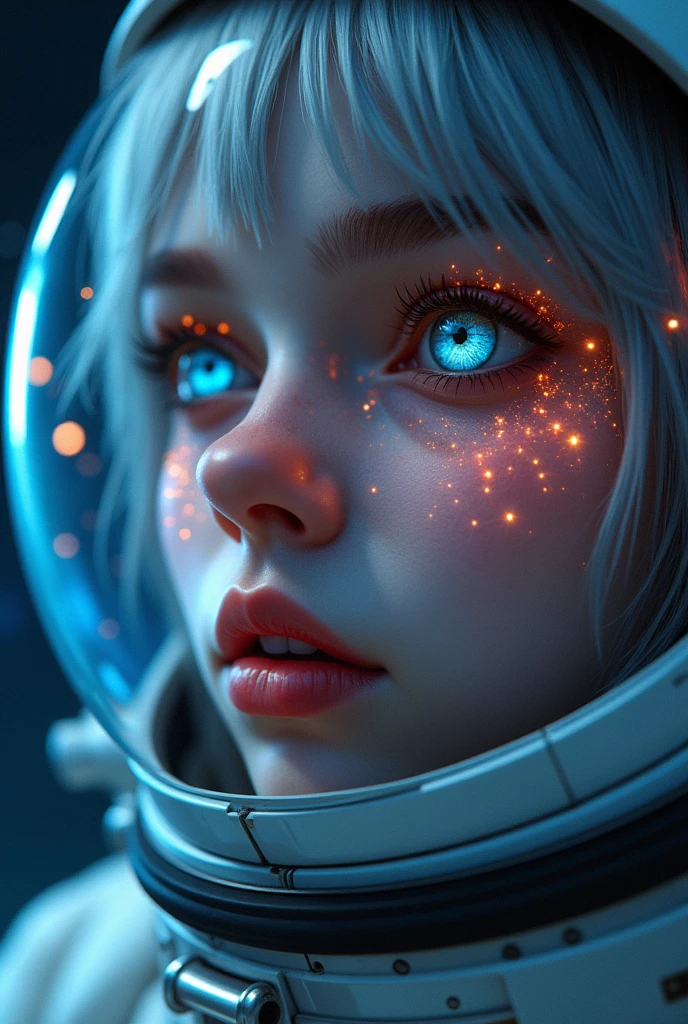 (Close-up of a better masterpiece:1.5)0.9], (Space and astronauts:1.2) (Messy silver hair:1.1) (Heterochromia xanthochromia and blue eyes:1.2) (Space Helmet:1.0) (Colored stars in the eyes:1.0) (A radiant glow:1.1) (thick lips:0.9)