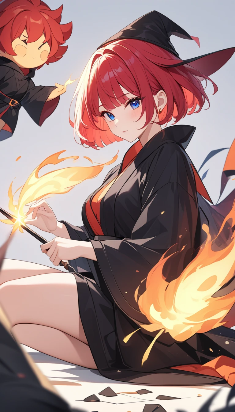 masterpiece,Highest quality,RPG character portraits。Cute 24 year old Japanese woman。A composition that captures the subject from head to knee。Only the upper body in the center。Thighs。Modern Japanese animation style illustration、Very flashy and lively。Brightly lit studio shot、White background。
Black Mage。Female Wizard。
・A scene where an enemy is burned up with attack magic。
Wearing a thin black robe、Have a magic wand。
Red hair。Bobcut。
Hedonistic type。