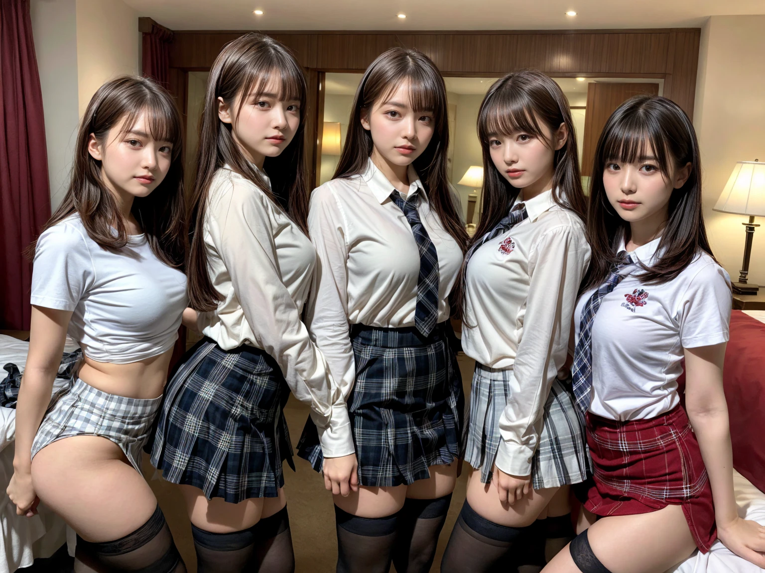 masterpiece, best quality, illustration, Super detailed, fine details, High resolution, 8K,wall paper, perfect dynamic composition,(Details High quality, realistic depiction of eyes:1.3), (3 girls), (white school shirt :1.2), (plaid skirt :1.3), tie black, black thigh-high stockings, sitting, open legs, short bob hair, in a hotel room in the background, deep on field, large breasts, black hair color, Big Natural Color Lip, (perfect body shape), crying a little、Harajuku style、20 year old girl、cute type、beautiful legs, Gravure Idol