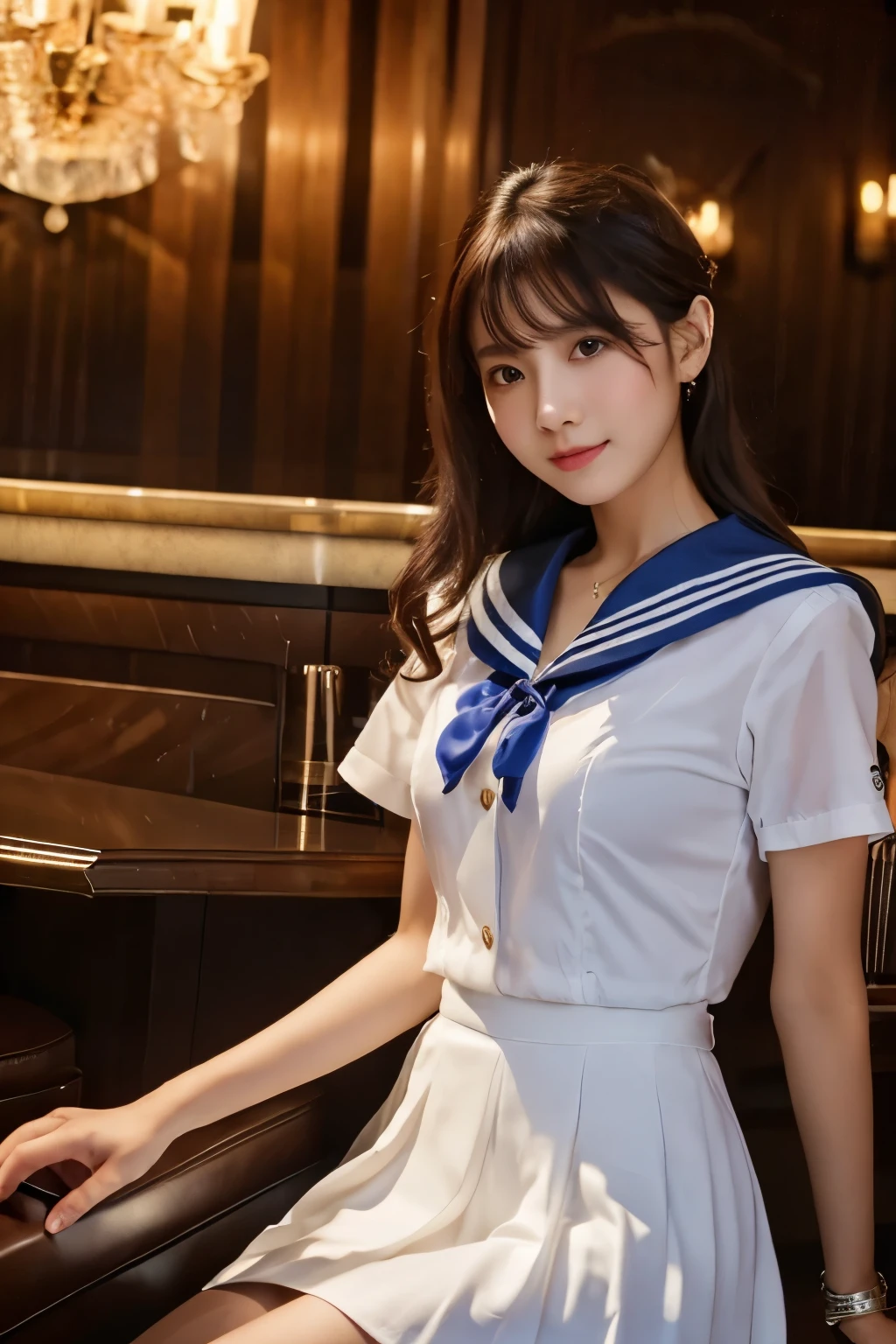 (see-through:1.3),white serafuku,sailor dress, white theme,school uniform, sailor suit, looking at viewer,  insanity, messy long hair, beautiful detailed eyes,Hair glows,dramatic angle,blue sailor collar, perky breasts,light smile,partially underwater shot..., in an upscale Gentleman's club