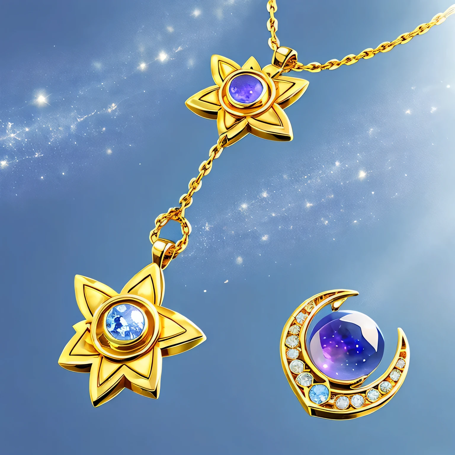 Highest quality、Ultra-realistic、Detailed star and moon necklace、gold、gem