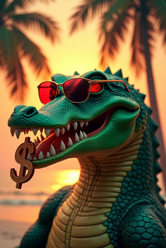 Crocodile head, Green,red eye,Dollar Symbol im Maul,palm trees, sun set,sunglasses 