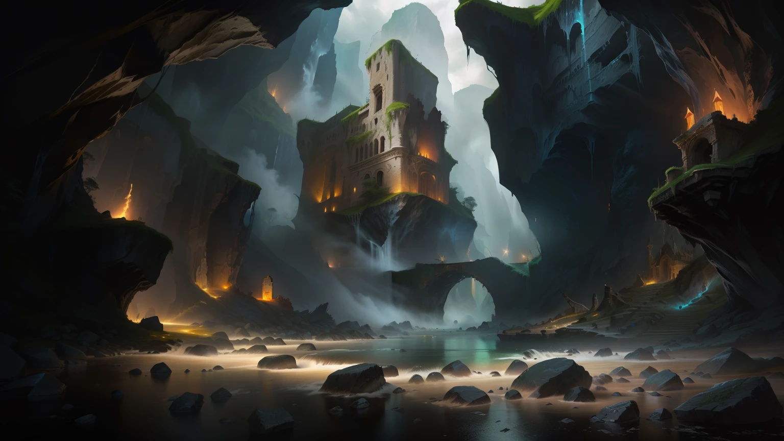 There is a ruined castle in the middle of the cave，There is a river next to it,, senior concept artist, Elf Building,  Height Rendering, 4K ，Diablo concept art