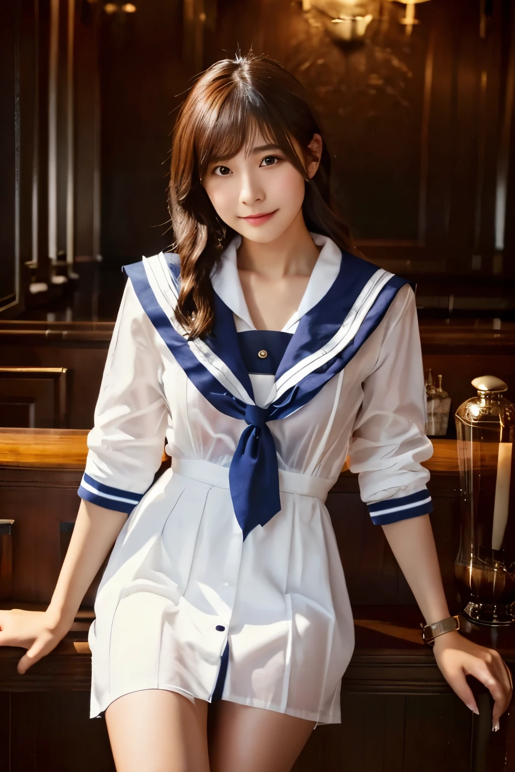 (see-through:1.3),white serafuku,sailor dress, white theme,school uniform, sailor suit, looking at viewer,  insanity, messy long hair, beautiful detailed eyes,Hair glows,dramatic angle,blue sailor collar, perky breasts,light smile,partially underwater shot..., in an upscale Gentleman's club