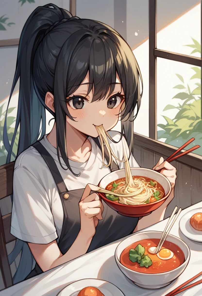 Anime girl eating noodles with black long ponytail hair and black eyes and cute dress 